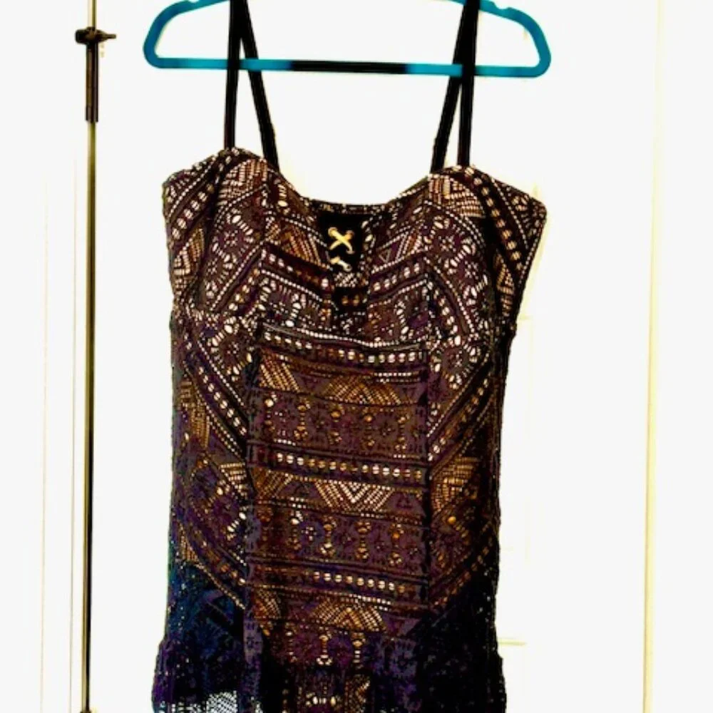 Becca Designer Swimsuit Black & Gold Crochet Textured Stretch (Swim Dress) - Picture 2 of 11